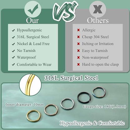 Jstyle 5Pcs 316L Surgical Steel Septum Rings Nose Rings Hoop 16G 18G 20G Hinged Clicker Hoop Nose Rings for Women Men Cartilage Hoop Earring Lip Helix Rook Tragus Conch Septum Nose Piercing Jewelry - style: 18G 10MM