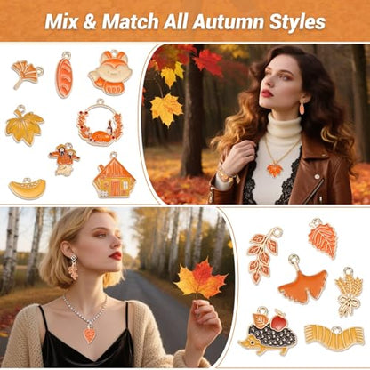100Pcs 50 Pairs Fall Charms for Jewelry Making and Bracelets, Thanksgiving Autumn Charms Gold Enamel Jewelry Pendants for Earring Bracelet Necklace Crafts Making - style: Fall Charms