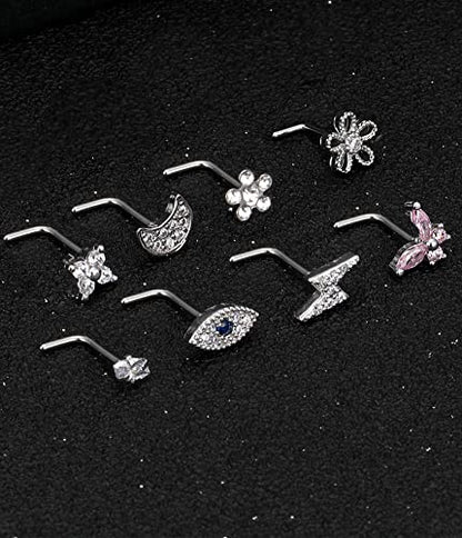 9Pcs Nose Rings Stud L Bone Screw Shaped Nose Ring Flower CZ Snowflake Butterfly Screw Nose Stud Body Piercing Jewelry for Women Men 20G Silver Gold Rose Gold Tone - color: F:Silver Tone&L Shaped