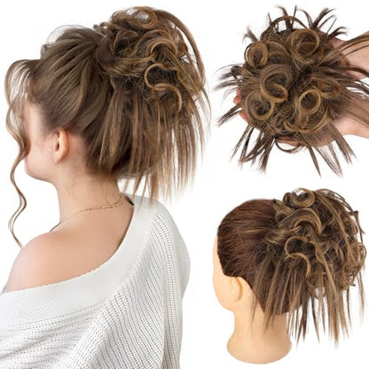 HMD Tousled Updo Messy Bun Hair Piece for Women Synthetic Hair Extension | Messy Bun Hair Piece with Elastic Scrunchie Synthetic Tousled Updos Ponytail Hairstyles for Daily Wear - color: Brown Mixed Blonde