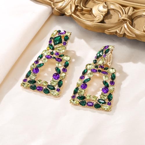 Flyonce Rectangle Clip-on Drop Earrings for Women, Sparkly Rhinestone Crystal Geometric Statement Non Pierced Earring Wedding Prom Party Jewelry for Brides Bridesmaid - color: Mardi Gras