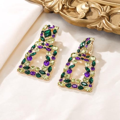 Flyonce Rectangle Clip-on Drop Earrings for Women, Sparkly Rhinestone Crystal Geometric Statement Non Pierced Earring Wedding Prom Party Jewelry for Brides Bridesmaid - color: Mardi Gras