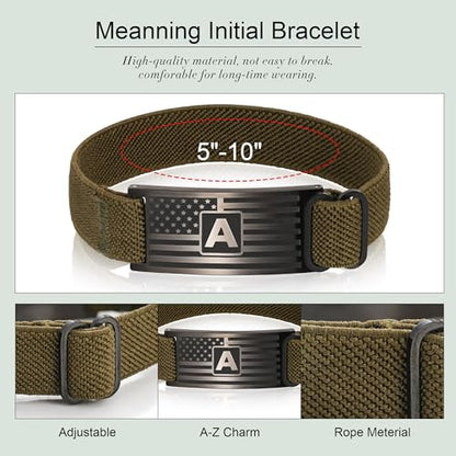 C-leen American Flag Initial Bracelet for Men Boy, Stainless Steel Letter Charm Bracelet Mens Gifts Elastic Stretch Gifts Bracelets for Dad Husband Son Gift - color: D