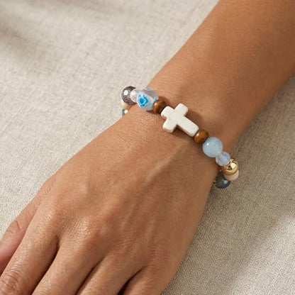 Crystal Cross Bracelet for Women and Men, Gift Jewelry Jewelry Gift | natural stone beads, crystal beads, cross design, inspirational style, birthday gift, bracelet jewelry for casual styling - color: colors-02