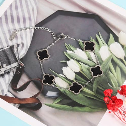 Delicacy Clover Bracelets Necklace Set:Clover Necklaces Clover Bracelet Women Link Bracelets Cute Gold Jewelry - color: Silver-Black