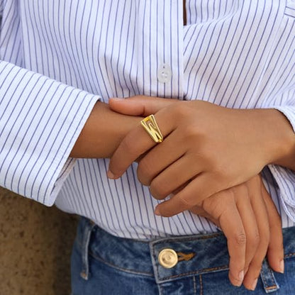 Cicy Bell Initial Rings for Women 18k Gold Plated Adjustable Rings | Open Signet Rings, Bold Letter, Personalized Engraved, For Party - color: Initial-W