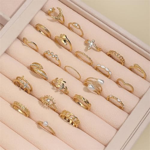 HUASAI Gold Stackable Rings Set for Women Boho Dainty Moon Star Pearl Leaf Cubic Zirconia Heart Midi Pinky Trendy Jewelry Birthday Gifts - color: H Gold 23 Pcs