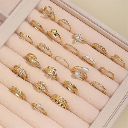 HUASAI Gold Stackable Rings Set for Women Boho Dainty Moon Star Pearl Leaf Cubic Zirconia Heart Midi Pinky Trendy Jewelry Birthday Gifts - color: H Gold 23 Pcs