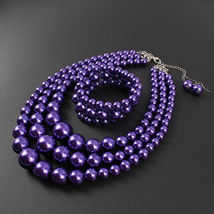 KOSMOS-LI Women's 3 Layer Simulated Pearl Statement 18" Necklace Bracelet and Earrings Jewelry Set Stocking Stuffers - color: purple