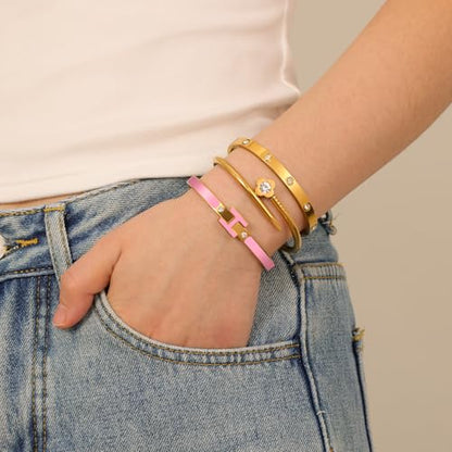 3Pcs Gold Bracelets for Women 14K Gold Plated Love/H/Nail Bangle Bracelet Dainty Non Tarnish Bracelet Jewelry Christmas Mothers Day Gifts for Women - color: 3Pcs Gold/Pink H bracelet
