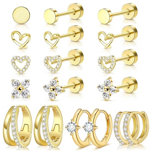 Nunpag 9 Pairs 14K Gold Plated Chunky Huggie Hoop Earrings Set for Women Hypoallergenic Stainless Steel Lightweight Small Earring Stacks for Multiple Piercings Non Tarnish Jewelry Gift Twisted 8-12mm - color: 7Pairs-Gold