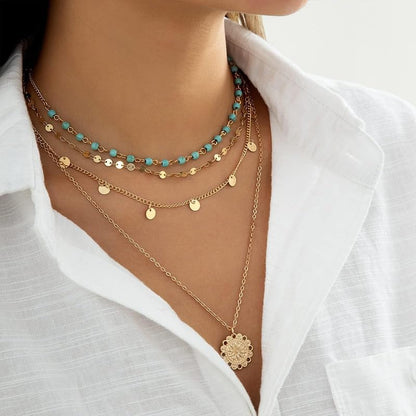 Layered Gold Necklace Set with Coin Pendant Boho Beaded Design Adjustable Chain Jewelry for Everyday Stacking Accessories - color: C