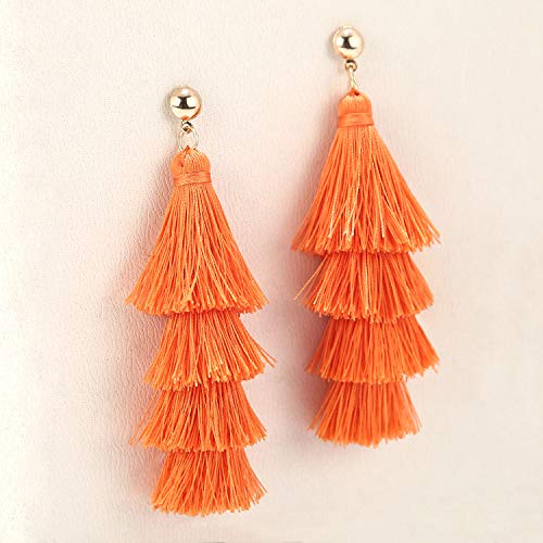 BaubleStar Bohemian Layered Tassel Drop Earrings for Women | Lightweight Statement Party Festival Jewelry - color: Russet Orange
