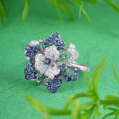 Santuzza Sterling Silver Gemstone Flower Ring for Women - color: [A]Peony-Blue & White