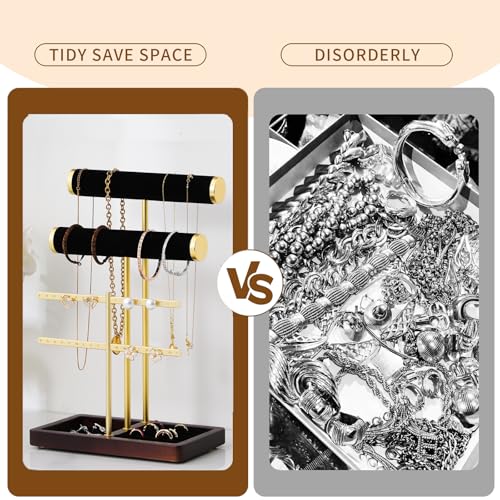 modern T-shaped jewelry rack, jewelry tower, gold metal, square ceramic base decoration display tower, necklace, bracelet, ring storage rack (2-layer black velvet) - style: 2-layer black velvet
