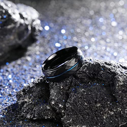 King Will Men's Tungsten Carbide Wedding Ring Hammered Groove Wedding Band Mens Two Tone Engagement Ring for Men and Women Matte Brushed Finish Comfort Fit - color: 8mm Black & Blue Groove
