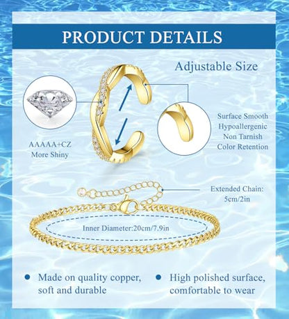 CASDAN 13Pcs Silver/Golden Toe Rings and Ankle Bracelets for Women | Layered Anklets Chain,Adjustable Open Tail Toe Ring,Waterproof Cuban Link Chain Anklets Set,Beach Foot Jewelry for Summer - color: Gold,B