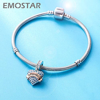 EMOSTAR Jan-Dec Birthstone Charms fits European Birthday Bracelet, Dangle 925 Sterling Silver Heart Shaped Pendant with 12 Months Birthstones, Gifts for Mom/Women - color: September Birthstone