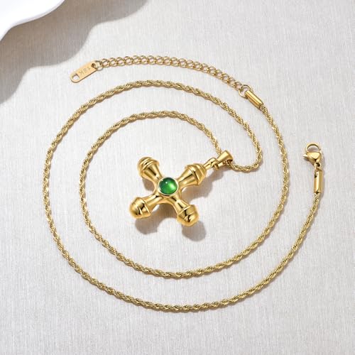 NUZON Sunburst Heart / 2-Tone Interlocking/CZ Evil Eye/Single Pearl/Love Heart Pendant Necklace for Women 14K Gold Chain Necklace Chunky Statement Jewelry - color: Green Agate Cross