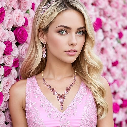 EVER FAITH Rhinestone Crystal Bridal Floral Wave Teardrop Necklace Earrings Set - color: 4pcs_Pink