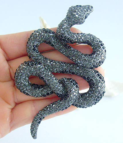 Classic 3.94" Unique Animal Snake Brooch Pin Pendant Austrian Crystal BZ5847 - color: Black-Tone Black Gray