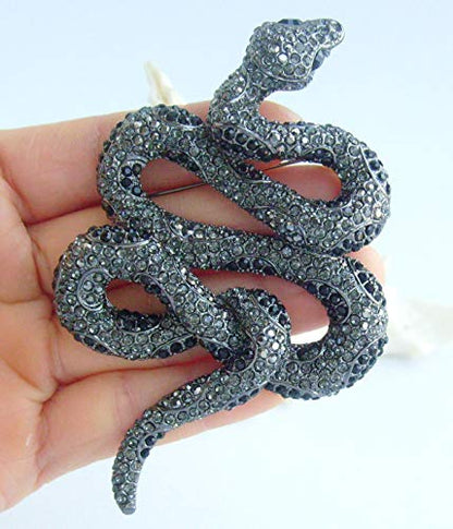 Classic 3.94" Unique Animal Snake Brooch Pin Pendant Austrian Crystal BZ5847 - color: Black-Tone Black Gray