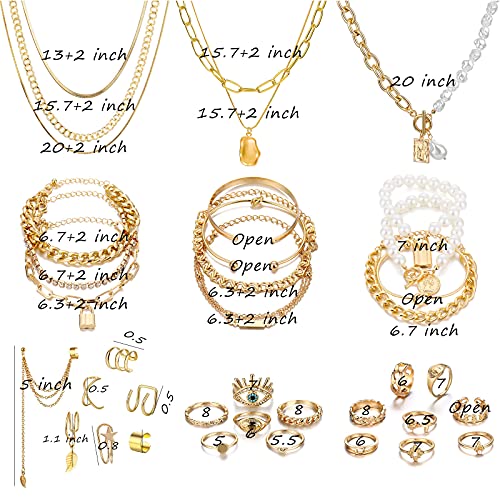 IFKM Gold Plated Jewelry Set for Women,14k Gold Plated Multi Layer Necklaces Stackable Bangle Bracelets Stackable Knuckle Rings Hoop Earrings Set Anniversary Trendy Elegance Charms Anniversary Birthday Jewelry Gift - color: 36 pcs Gold