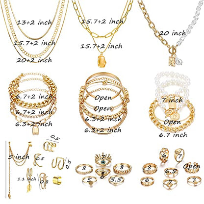 IFKM Gold Plated Jewelry Set for Women,14k Gold Plated Multi Layer Necklaces Stackable Bangle Bracelets Stackable Knuckle Rings Hoop Earrings Set Anniversary Trendy Elegance Charms Anniversary Birthday Jewelry Gift - color: 36 pcs Gold