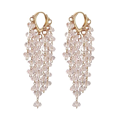 Fringe Hoop Dangle Earrings, Long Beads Tassel Chain Earrings for Women Sparkly Chandelier Earrings - color: Lt Pink