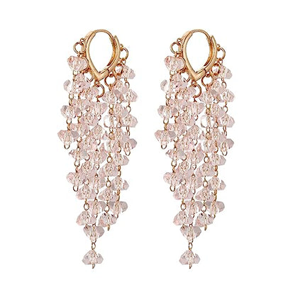 Fringe Hoop Dangle Earrings, Long Beads Tassel Chain Earrings for Women Sparkly Chandelier Earrings - color: Lt Pink