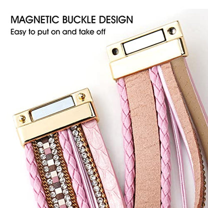 Suyi Multilayer Leather Wrap Bracelet Heart-Shape Wide Bracelets for Women - color: Pink