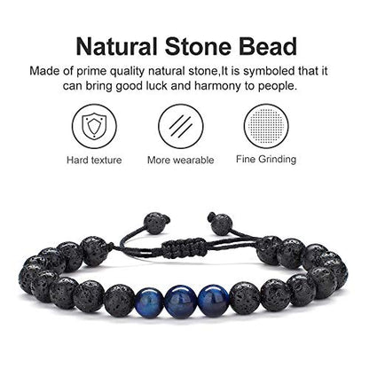 M MOOHAM Mens Bracelet - Beaded Natural Stone 8mm Tiger Eye Matte Agate Lava Rock Bracelets for Men Teen Boys Grandpa Dad Birthday Gifts Jewelry - style: Blue Tiger Eye&Lava Rock Bracelets