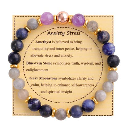 KSQS Healing Stone Bead Bracelet for Women, Natural Gemstones Balance Protection Bracelet, Spiritual Crystal Beads Bracelet Anxiety Relief with Meaning Card - color: Anxiety Stress