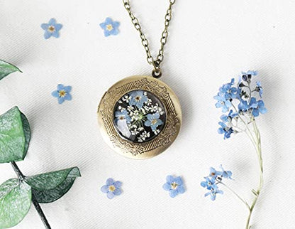 Handmade Oval Shaped Photo Locket with dried Pressed Flowers Locket pendant Necklace - style: Round Blue Forget Me Not