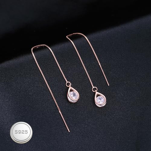 Reffeer Solid 925 Sterling Silver CZ Droplet Chain Dangle Earrings for Women Teen Girls Tassel Dangle Earrings Threader - color: C-Rose Color