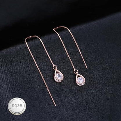 Reffeer Solid 925 Sterling Silver CZ Droplet Chain Dangle Earrings for Women Teen Girls Tassel Dangle Earrings Threader - color: C-Rose Color