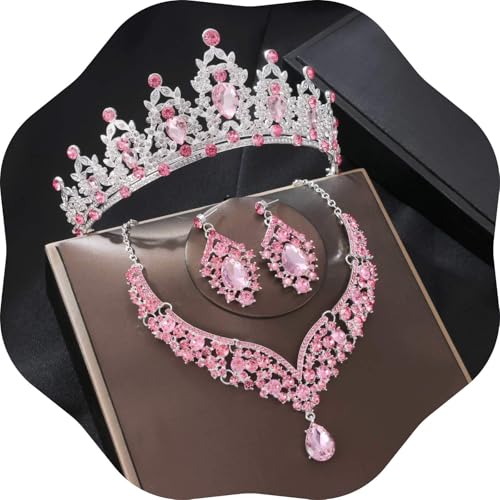 Kamirola Bridal Wedding Tiara Crown Jewelry Set for Women/Brides/Bridesmaids Crystal Jewelry Set for Wedding Prom Party Bridal Crystal Necklace Earrings Bracelet Set(TR60) - color: Silver Pink