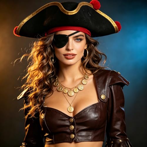 Gold Pirate Necklace for Women Layered Stack Charm Necklace Coin Pendant Necklaces Chunky Pirate Necklaces Pirates Costume Jewelry Accessories - color: gold3