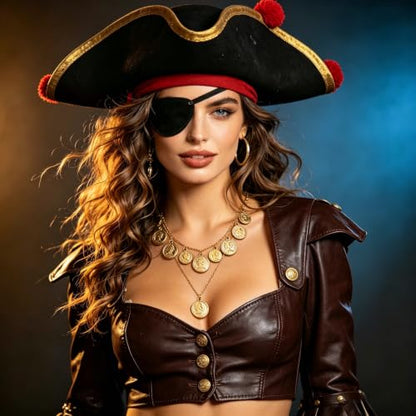 Gold Pirate Necklace for Women Layered Stack Charm Necklace Coin Pendant Necklaces Chunky Pirate Necklaces Pirates Costume Jewelry Accessories - color: gold3