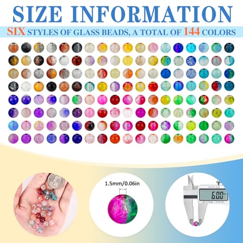 XSEINO About 144 Colors 1200PCS 6mm Glass Beads Bracelet Making Set, 6 Styles of Mixed Crack Beads for Bracelets, Jewelry, and DIY Making - color: Mixed Crackle Beads