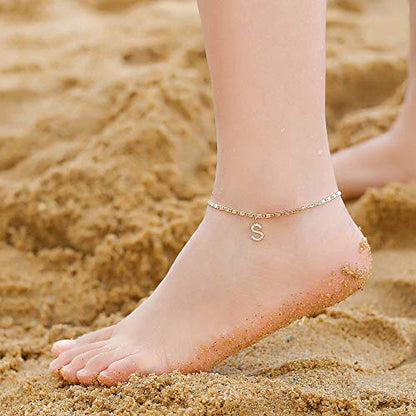 Ursteel Ankle Bracelets for Women, 14K-Gold-Plated Dainty Layered Chain CZ Initial Anklets Set Summer Jewelry Gifts for Women - style: L-Gold-Plated