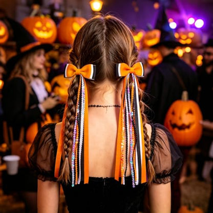 2PCS Halloween Long Tail Hair Bow Clips Grosgrain Sequins | Grosgrain Fabric, Sequin Strands, Alligator Clip with Fabric Wrap, Ponytail Styling, Halloween Party Photography Accents - color: Orange & Black