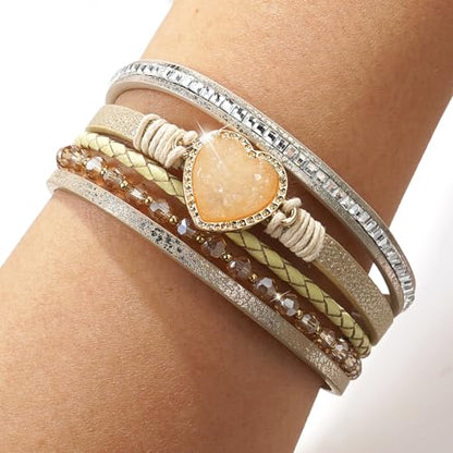 Suyi Multilayer Leather Wrap Bracelet Heart-Shape Wide Bracelets for Women - color: Khaki 2