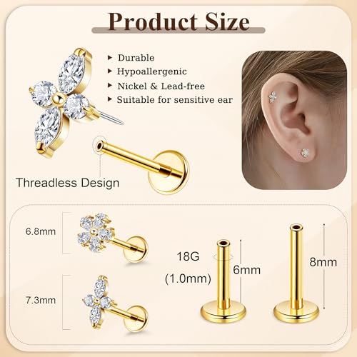 NICEIGHT 2Pcs 16G 18G F136 Titanium Threadless Cartilage Earrings Stud for Women Flat Back Push in Helix Tragus Labret Monroe Stud Hypoallergenic Flower Conch Lobe Stud Piercing Jewelry 6/8MM - color: Gold, size: 18G