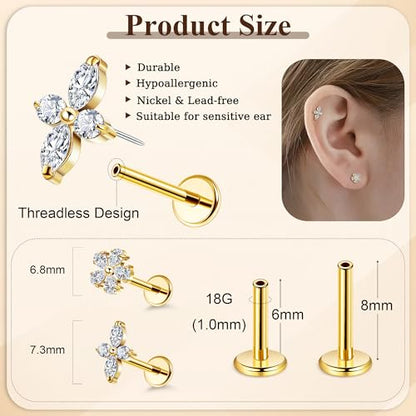 NICEIGHT 2Pcs 16G 18G F136 Titanium Threadless Cartilage Earrings Stud for Women Flat Back Push in Helix Tragus Labret Monroe Stud Hypoallergenic Flower Conch Lobe Stud Piercing Jewelry 6/8MM - color: Gold, size: 18G
