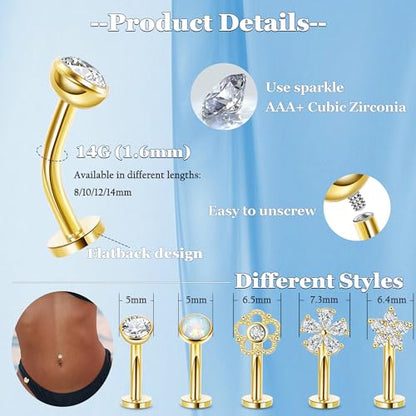 REVOLIA 5Pcs 14G Surgical Steel Floating Belly Button Rings for Women Flat Back Petite Belly Ring Opal Flower CZ Small Navel Rings Internally Threaded Belly Piercing Jewelry 8/10/12/14mm - color: gold