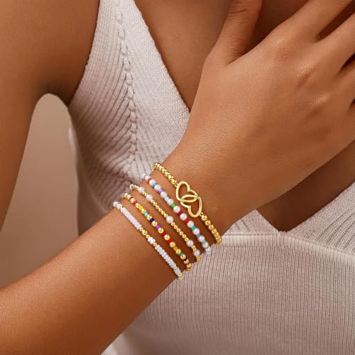 Turandoss 5PCS 14K Gold Plated Beaded Stretch Bracelets Set for Women | Stacked Bow Cross Wave Knot Pearl Beads Bracelet Set, Waterproof 7 Inch Stretch Elastic, Summer Jewelry Gifts for Women Girls - color: 5PCS Heart Beaded Bracelets