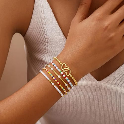 Turandoss 5PCS 14K Gold Plated Beaded Stretch Bracelets Set for Women | Stacked Bow Cross Wave Knot Pearl Beads Bracelet Set, Waterproof 7 Inch Stretch Elastic, Summer Jewelry Gifts for Women Girls - color: 5PCS Heart Beaded Bracelets