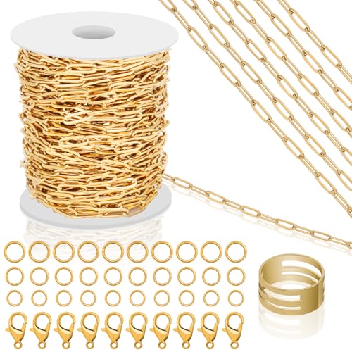 43ft Gold Chain for Jewelry Making 18k Gold Plated Stainless Steel Paperclip Chain Roll with 10Pcs Lobster Clasps and 30Pcs Jump Rings for Charm Bracelet Necklace Jewelry DIY Craft Accessories