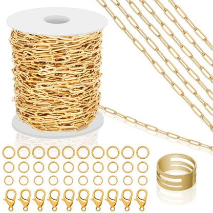 43ft Gold Chain for Jewelry Making 18k Gold Plated Stainless Steel Paperclip Chain Roll with 10Pcs Lobster Clasps and 30Pcs Jump Rings for Charm Bracelet Necklace Jewelry DIY Craft Accessories